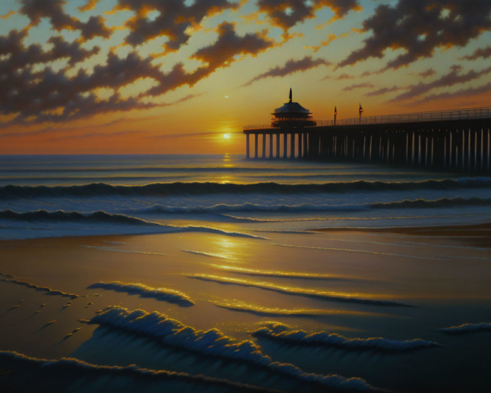 Tranquil sunset over ocean with pier and pavilion