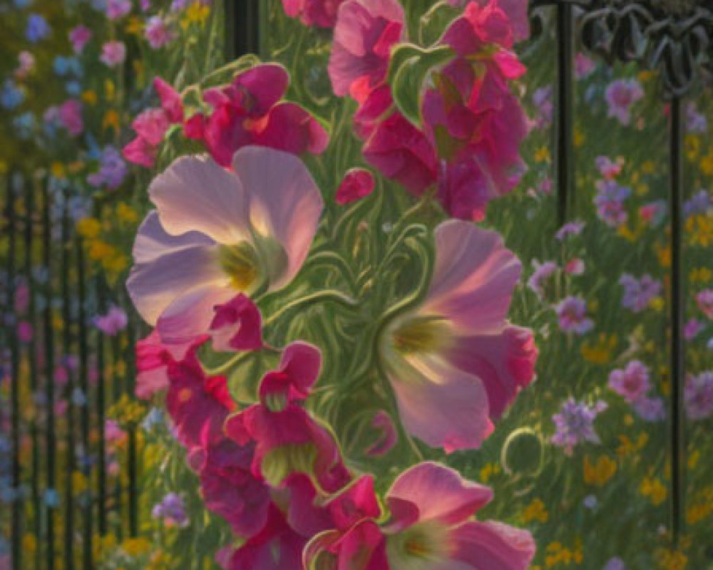 Vibrant pink hollyhock flowers on tall stalk in garden setting