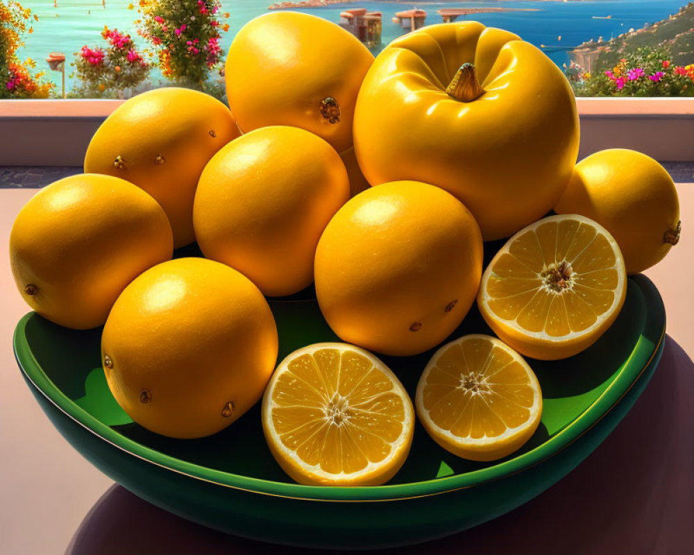 Fresh Oranges Bowl with Halved Fruit on Table with Coastal Bridge View