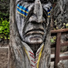 Stylized wooden face sculpture with nature motifs and real foliage backdrop