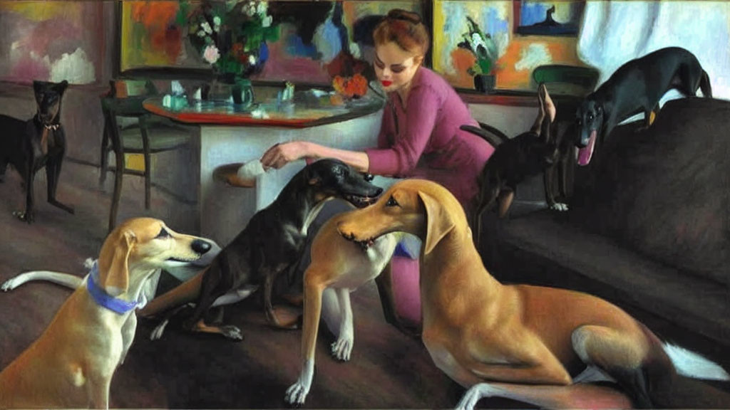 Woman petting greyhound in cozy floral room