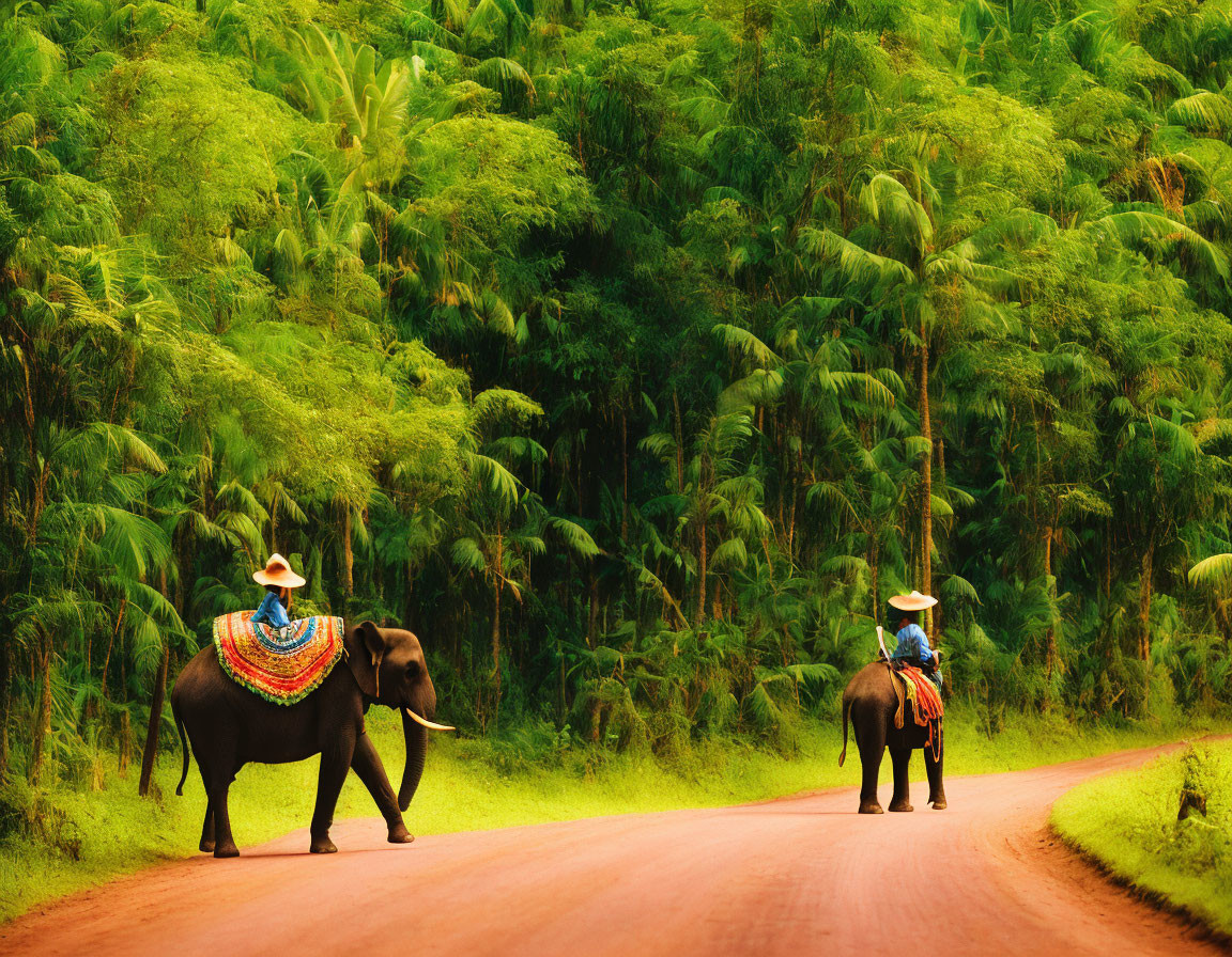 Elephants with riders in hats on dirt path through bamboo forest