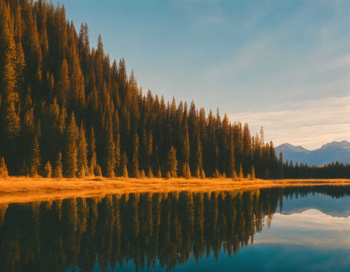 Autumn Pine Forest Sunset Reflection on Calm Lake