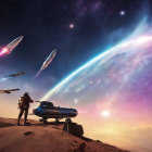 Colorful Sci-Fi Scene: Spaceships over Desert Landscape & Cosmic Sky