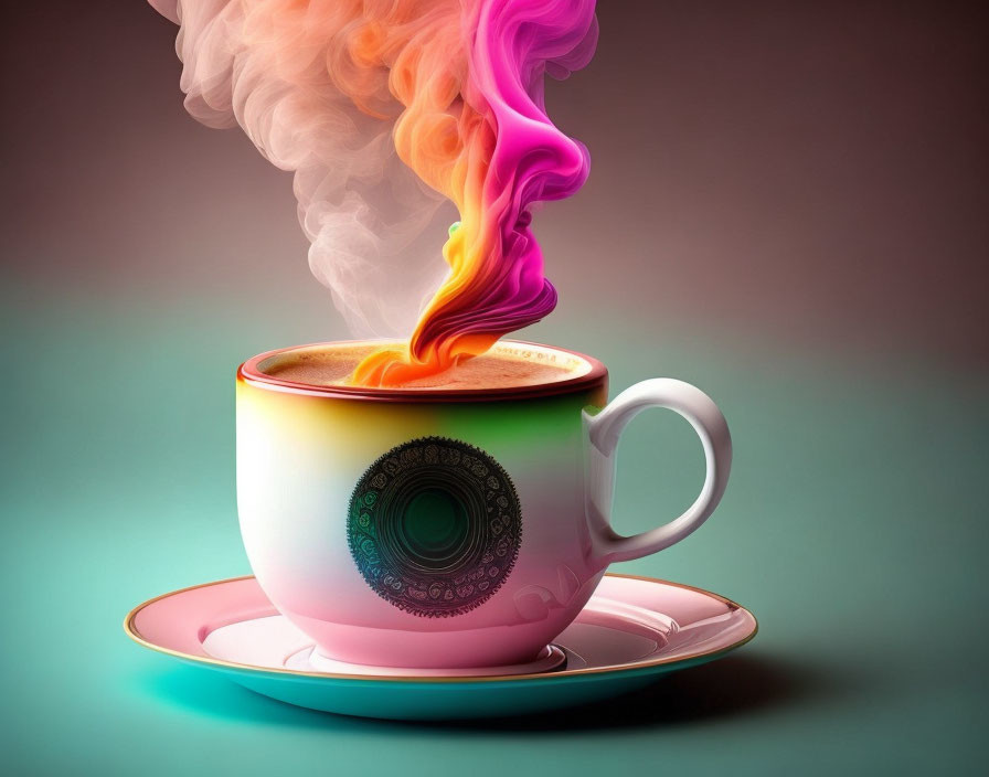 Colorful steam from teacup on saucer against gradient backdrop