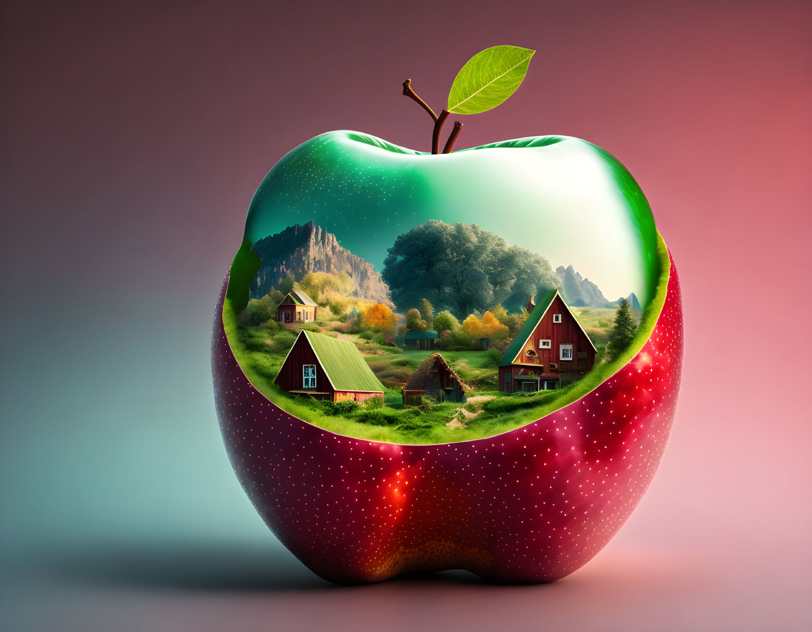 Surreal large red apple with countryside landscape inside on pink background