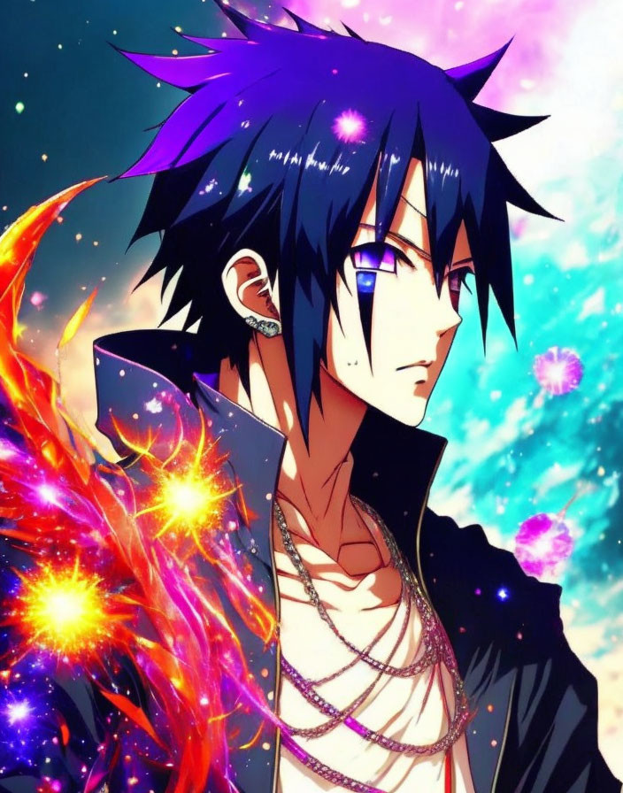 Anime character with dark spiky hair and blue eyes in fiery aura on starry backdrop