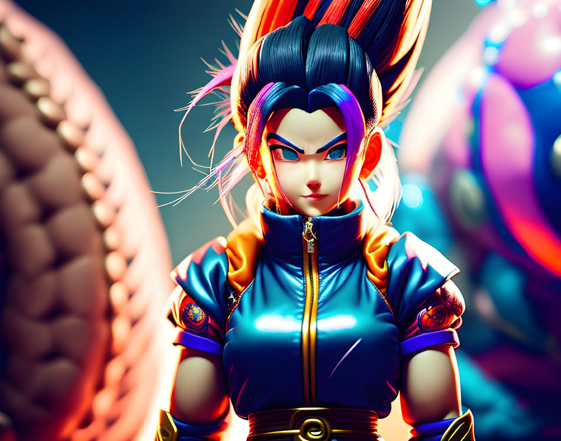 Vibrant image of animated character with spiky multicolored hair and futuristic outfit