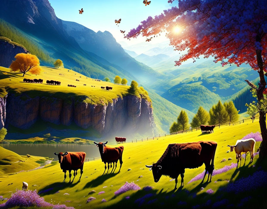 Tranquil landscape with grazing cattle, lake, waterfall, and blossoming trees