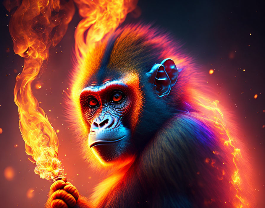 Colorful mandrill artwork with flaming torch on dark background