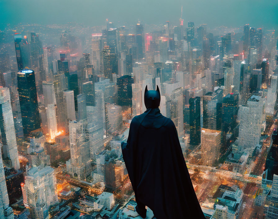 Person in Batman costume gazes at cityscape with glowing skyscrapers at twilight