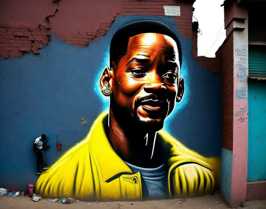 Colorful street art mural featuring a man with beard and earrings in yellow jacket on blue wall