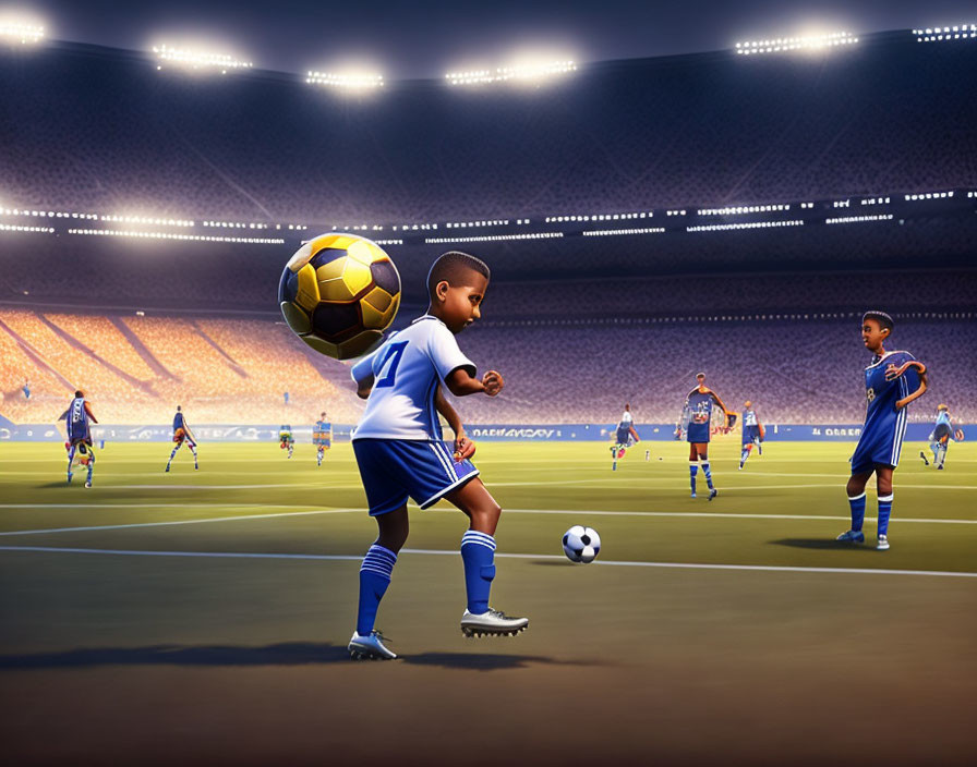 Stylized 3D Rendering of Children Playing Soccer in Floodlit Stadium