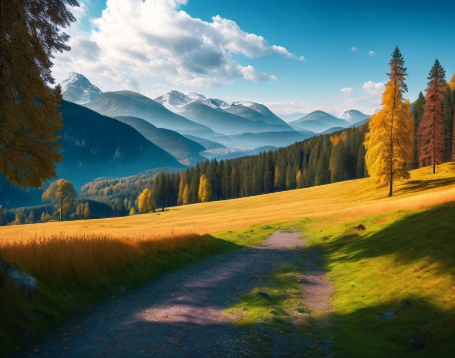 Autumn landscape with dirt path, meadow, and misty mountains