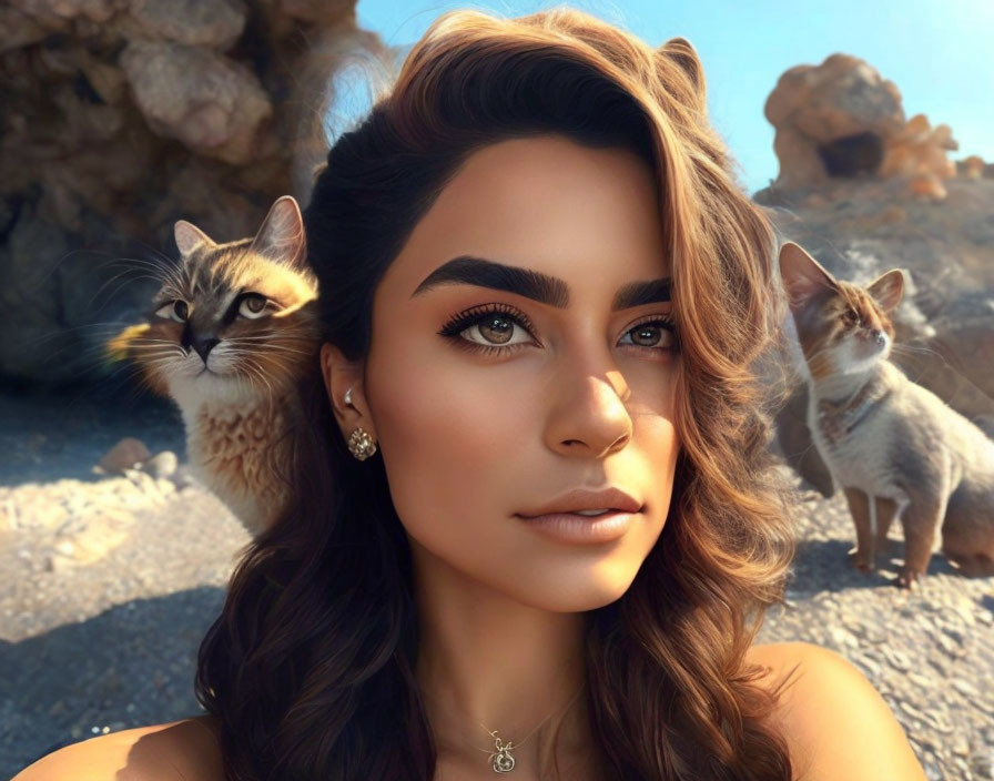 Woman with Striking Eyebrows and Cats in Rocky Outdoor Setting