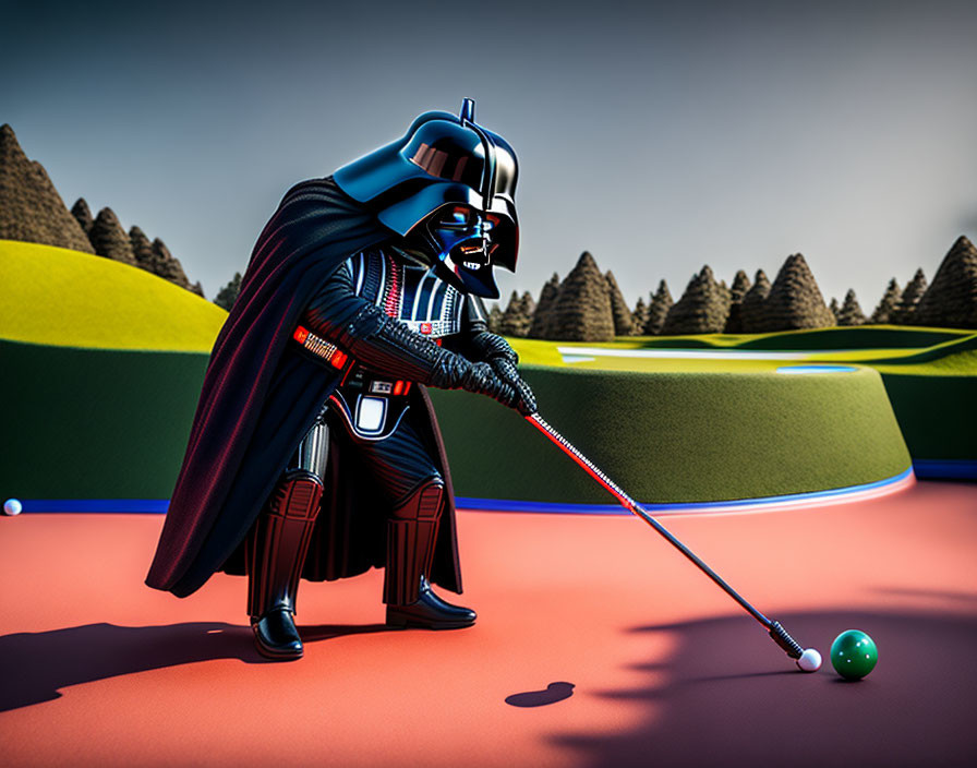 Sci-fi character playing golf on vibrant course with golf balls and trees.