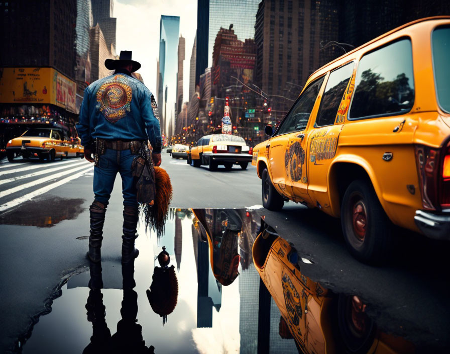 Cowboy costume in city street with yellow cabs and reflection in puddle.