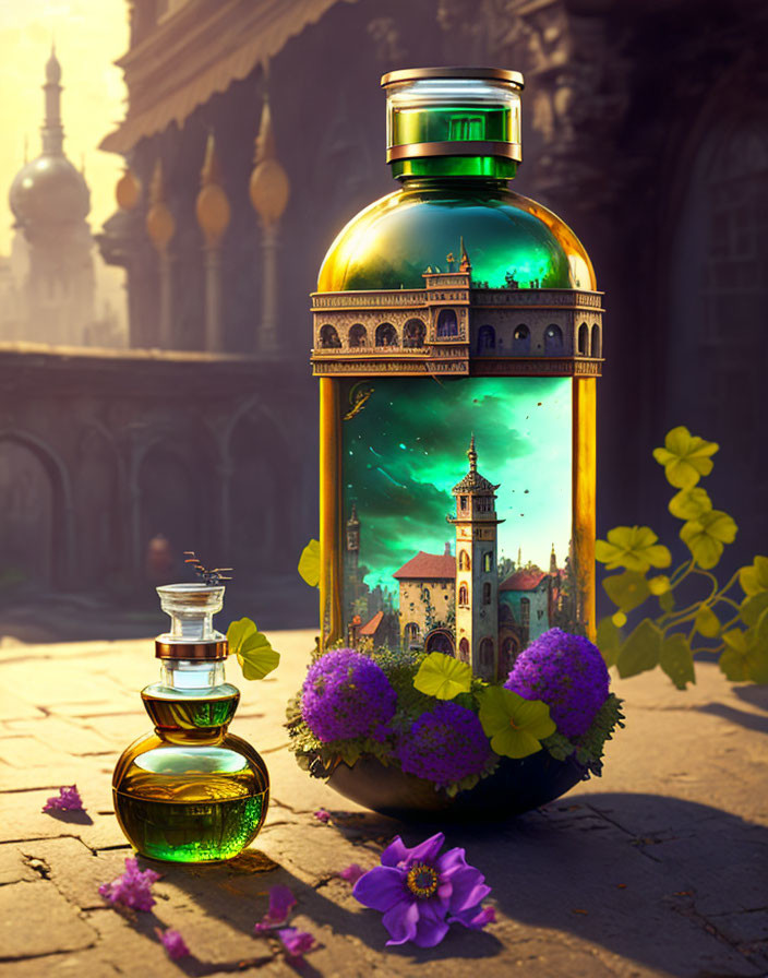 Fantastical image of large ornate bottle with cityscape, smaller bottle, flowers, and architecture