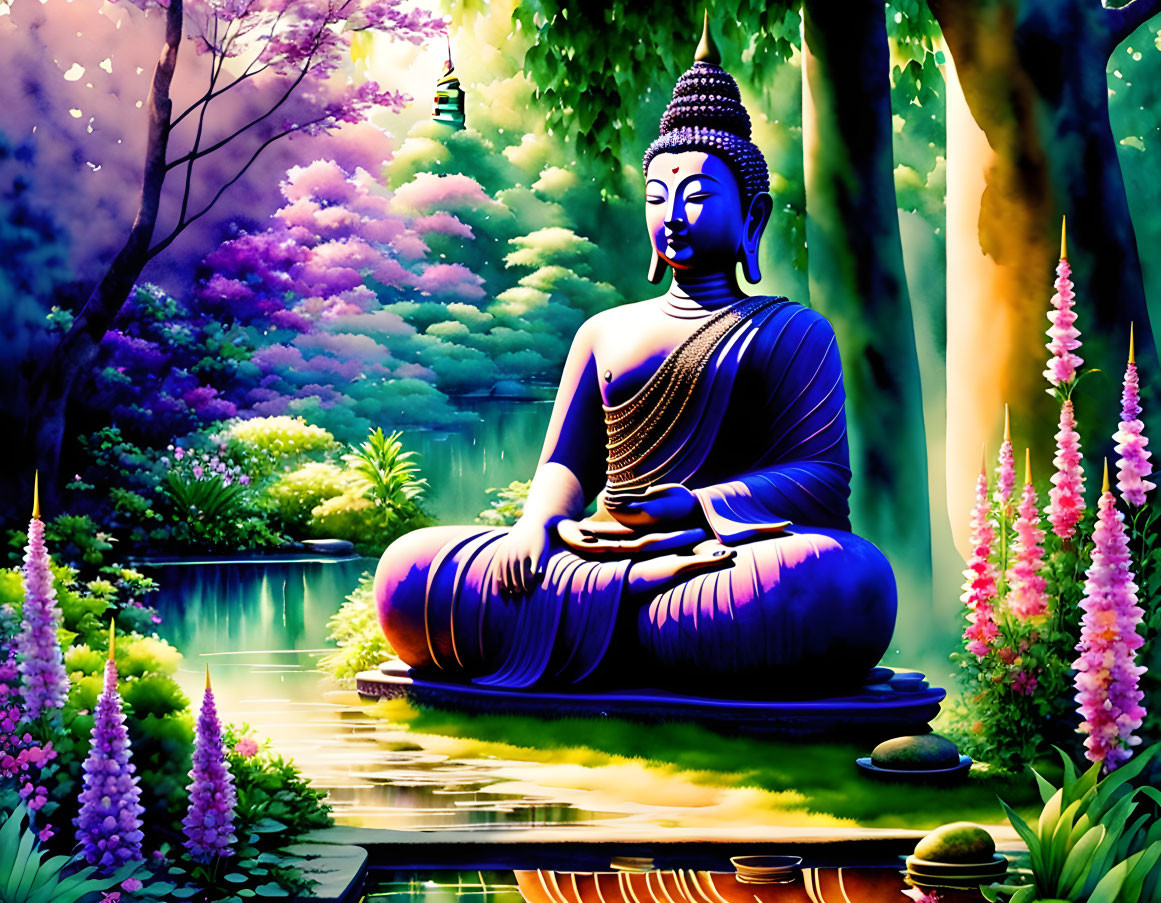 Seated Buddha statue meditating in lush forest setting