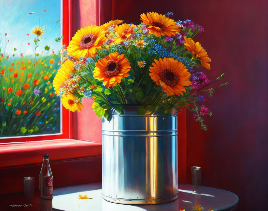 Colorful Sunflower and Wildflower Bouquet in Silver Bucket on Reflective Table by Red-framed