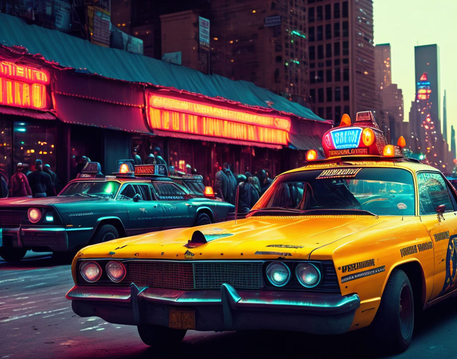 Vintage Yellow Taxi in Urban Cityscape at Dusk