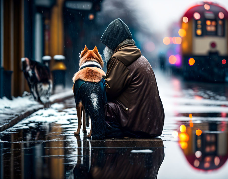 Person in coat and beanie with dog watching distant train on snowy street