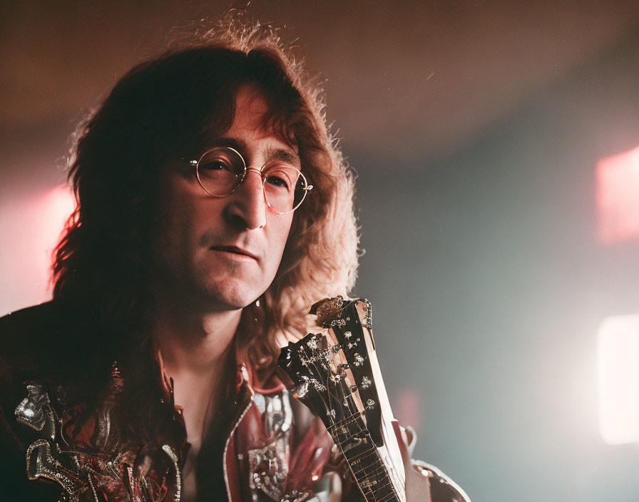 Man with Long Curly Hair Holding Guitar in Soft Lighting