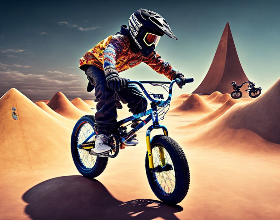 BMX riders in vibrant gear perform stunts on desert dunes