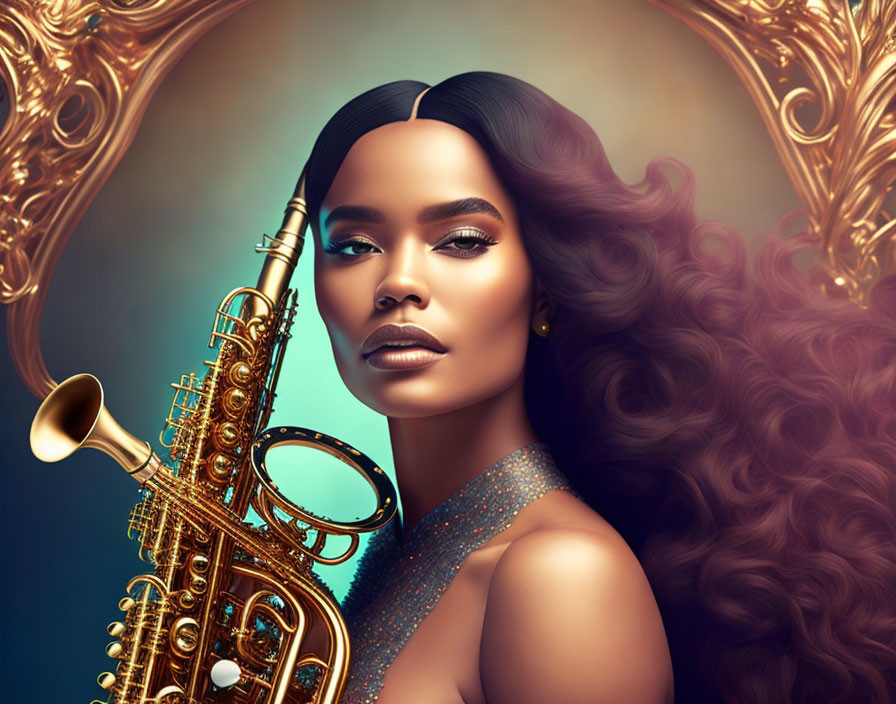 Stylized portrait of woman with saxophone in ornate golden frame