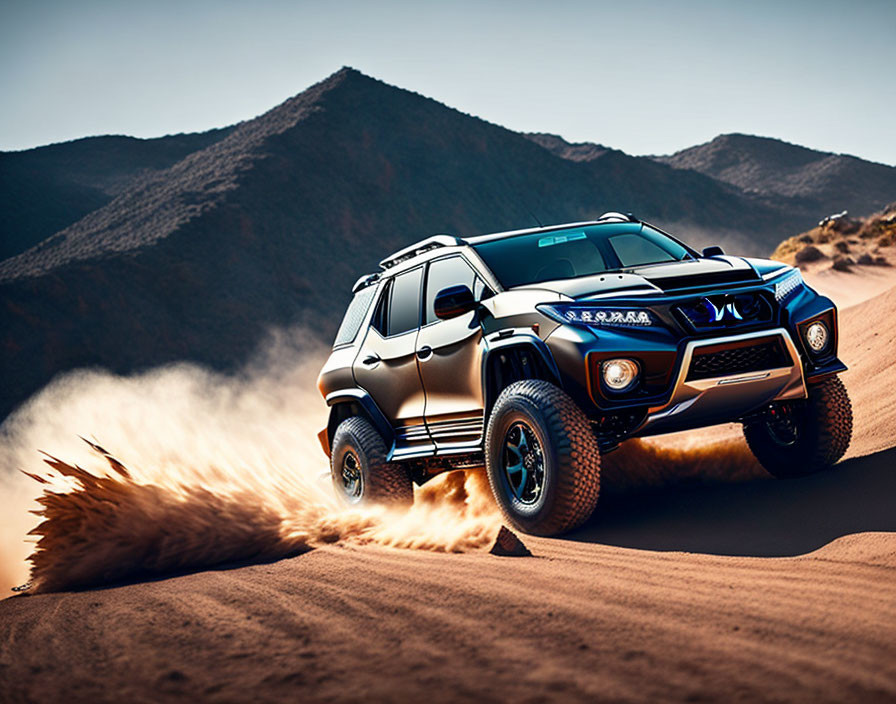 Off-road SUV with beefy tires navigating desert terrain