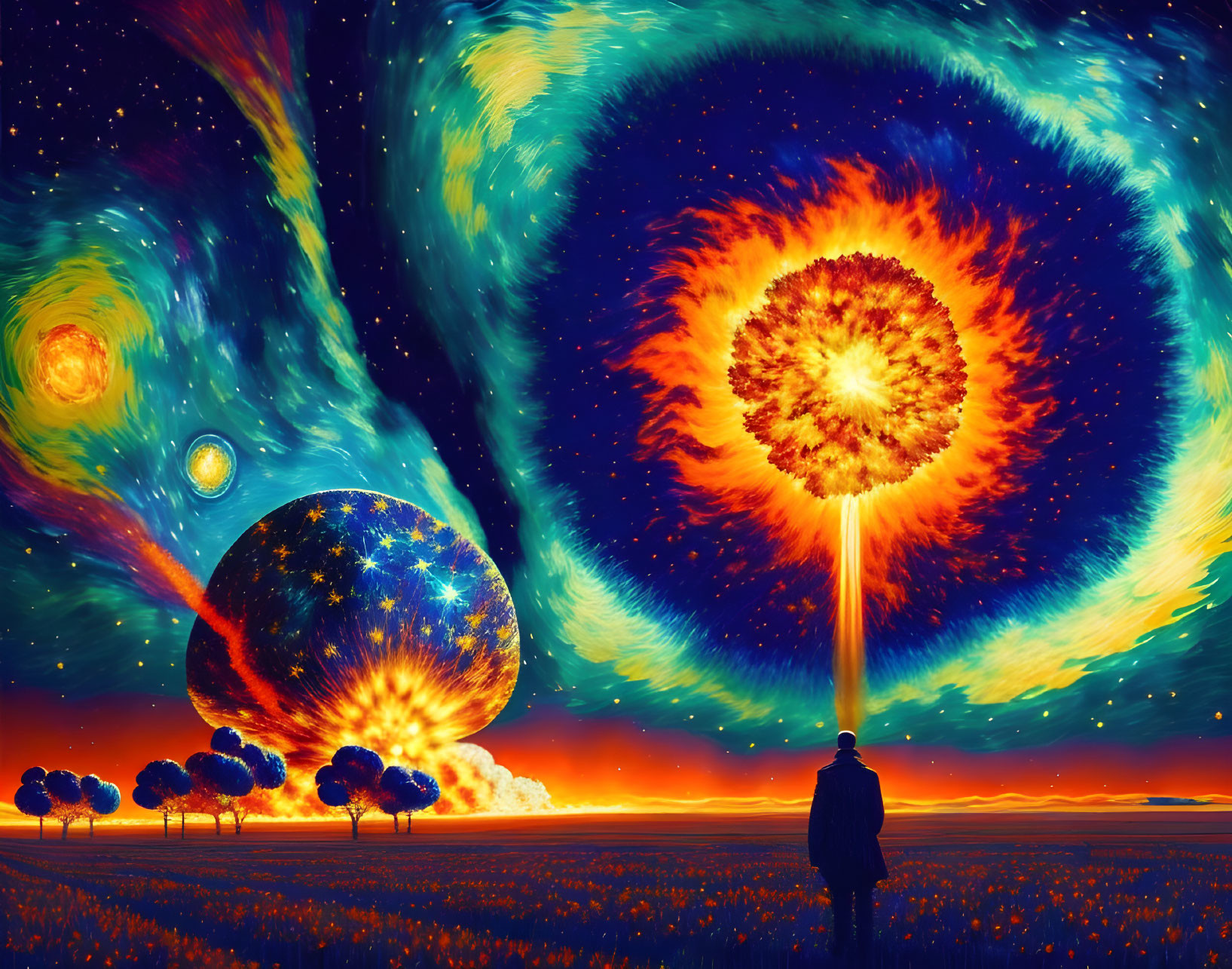 Person in Vibrant Field Observes Cosmic Scene