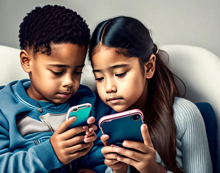 Young boy and girl focused on examining smartphones together