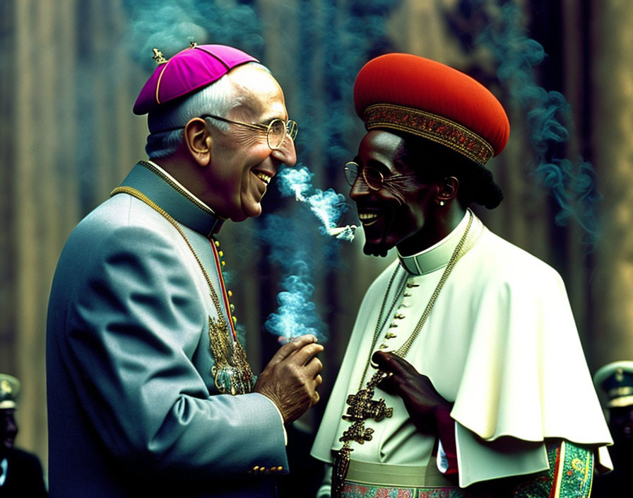 Religious figures in ceremonial attire sharing a lighthearted moment