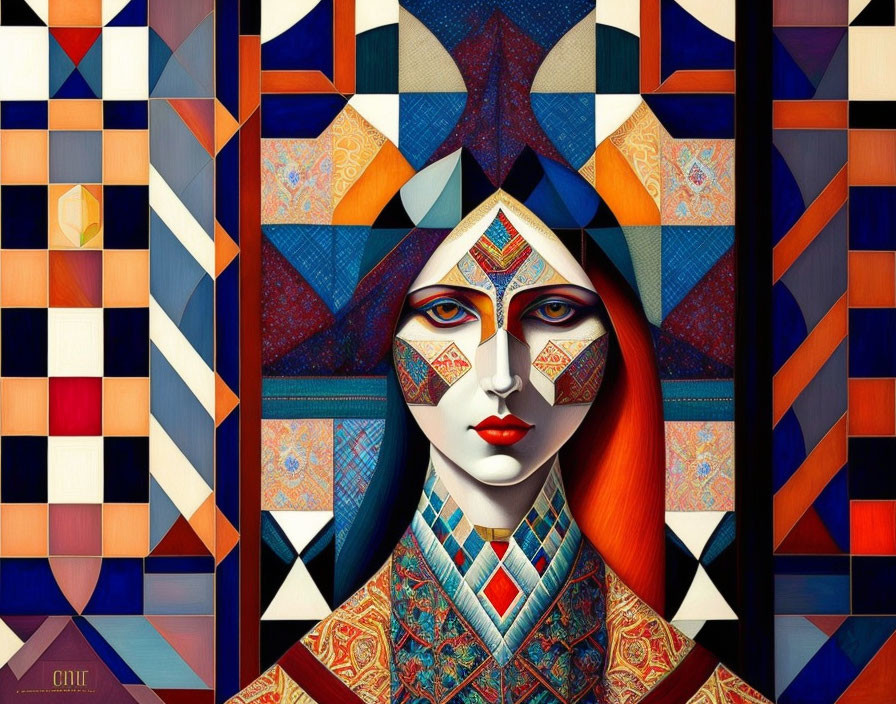 Colorful Abstract Geometric Artwork of Stylized Female Figure