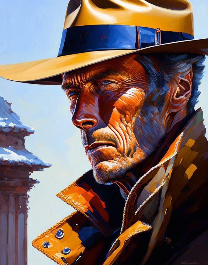 Rugged man in cowboy hat and sherlock-style coat with classical architecture.