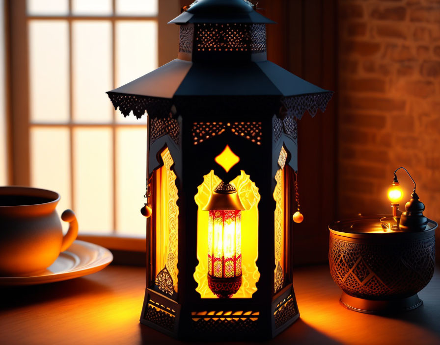 Ornate lantern casting warm glow on wooden surface at dusk