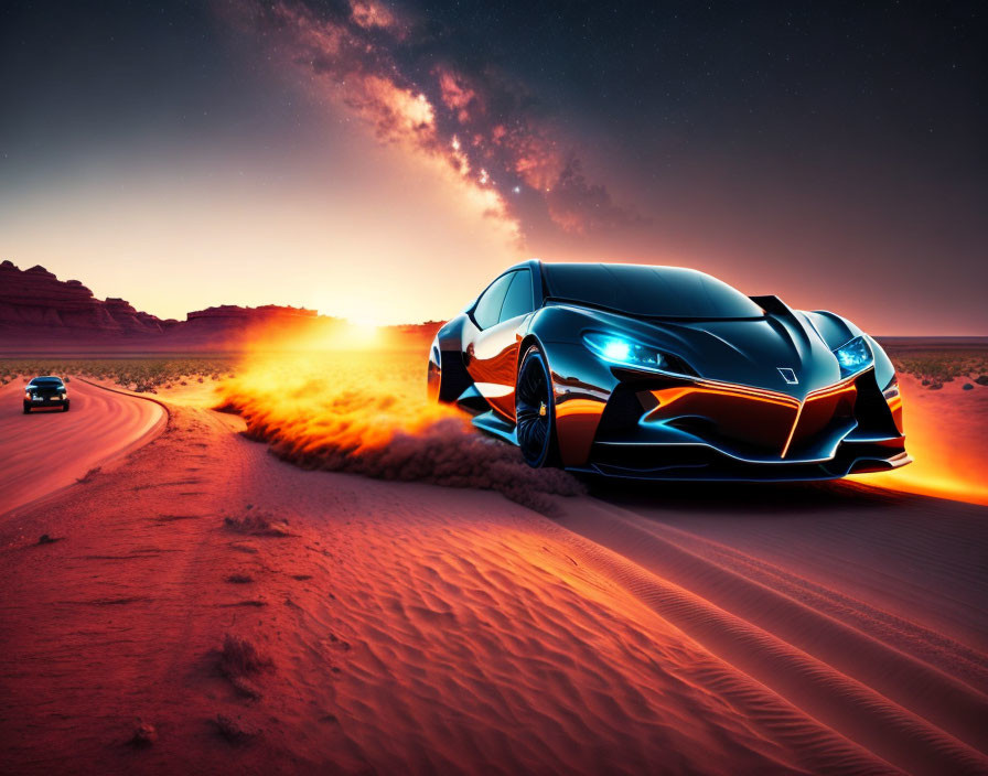 Sports car driving on desert road at sunset with orange sky and following car