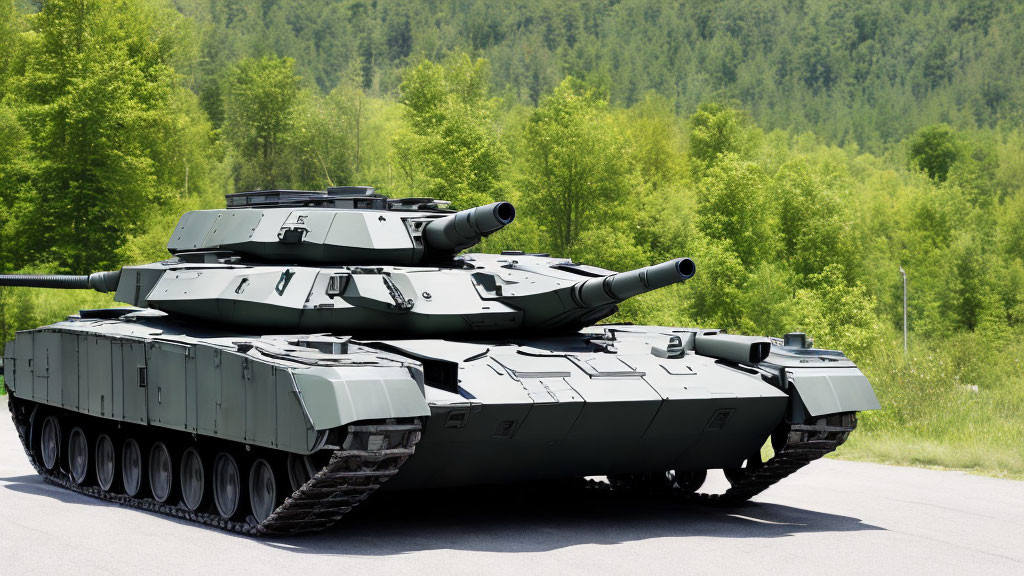 Modern Battle Tank on Paved Road with Camouflage Colors