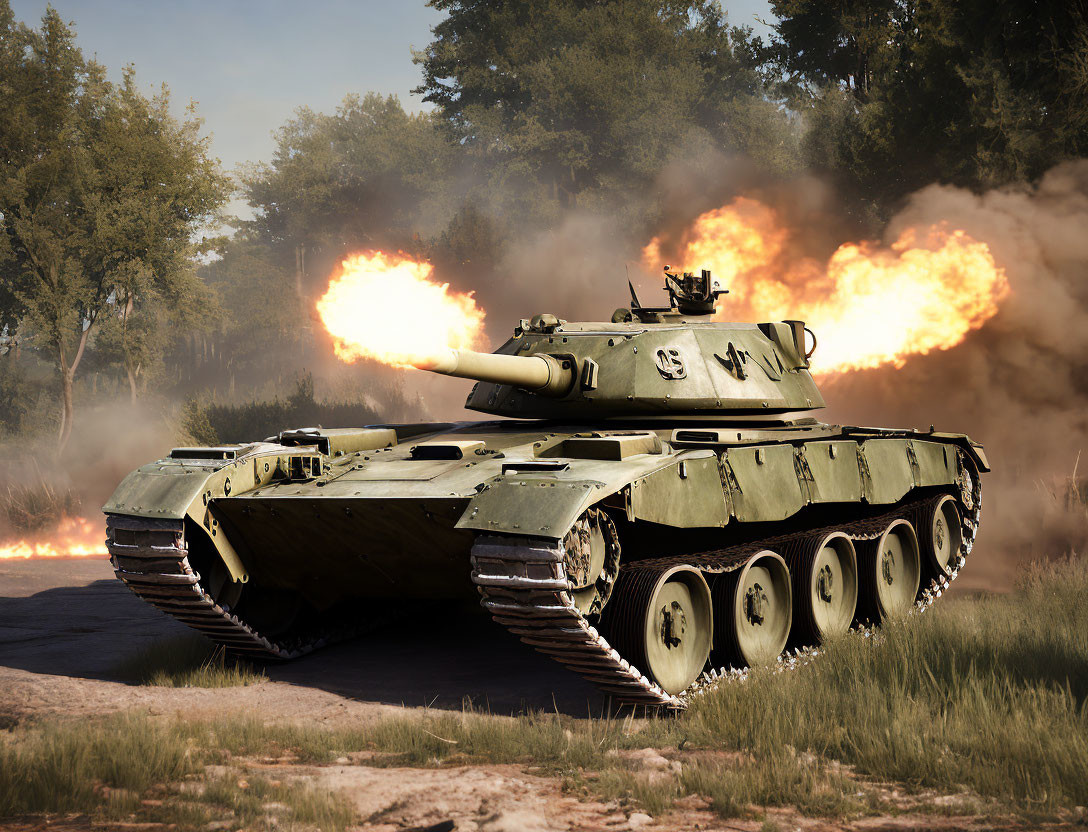 Camouflaged tank firing main gun in lush green battlefield