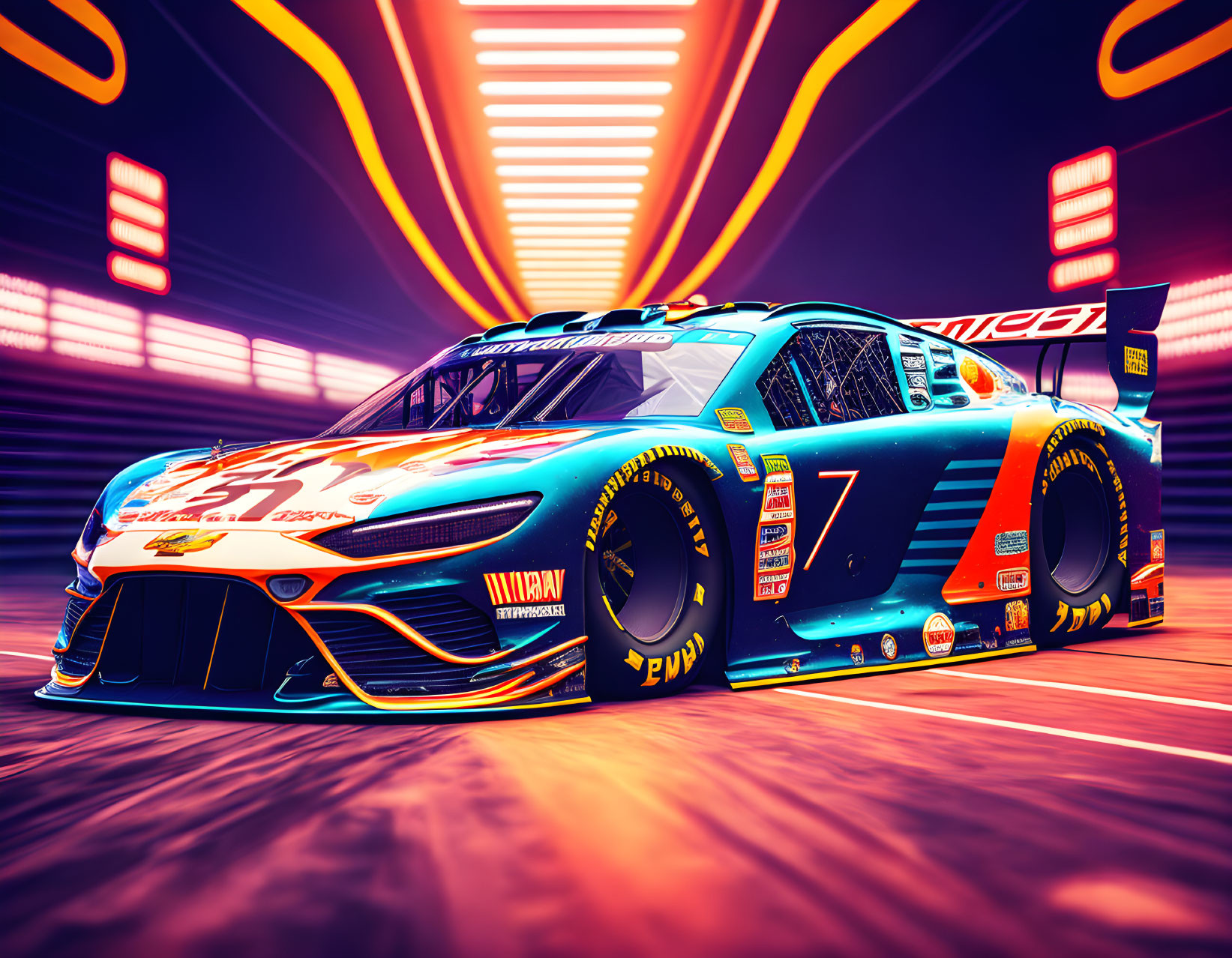 Stylized blue and orange racing car with number 7 in dynamic motion blur