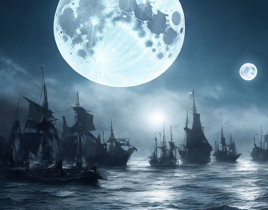 Sailing ships on nocturnal sea with moonlit horizon