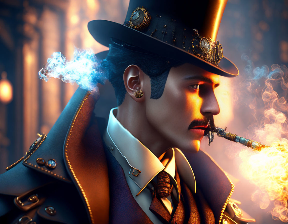 Steampunk gentleman with top hat, monocle, and smoking pipe in warm lighting