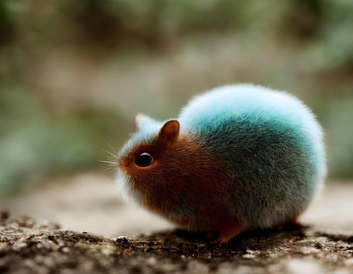 Fluffy brown and blue creature on textured surface