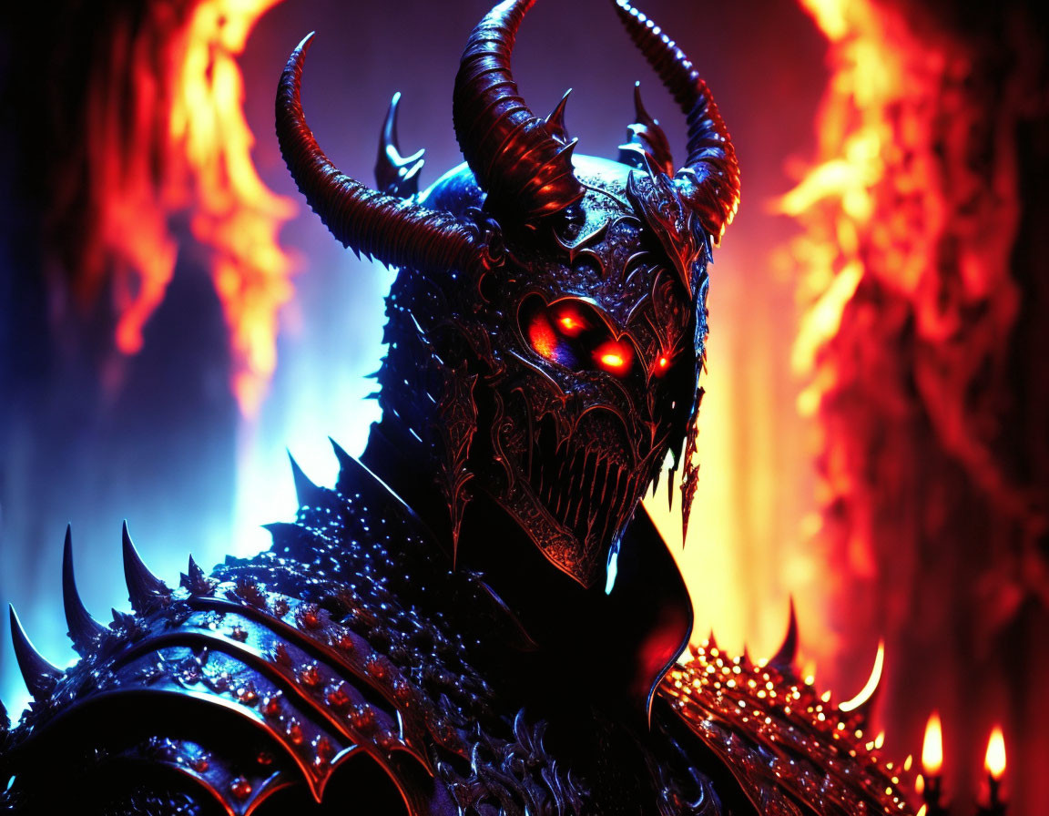 Sinister Dark Armor Figure with Horns and Glowing Eyes in Fiery Setting