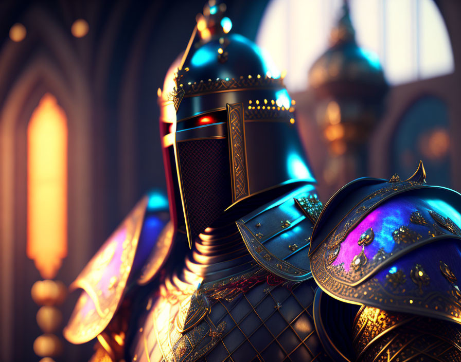 Knight in ornate armor in castle with vibrant colors & intricate designs.