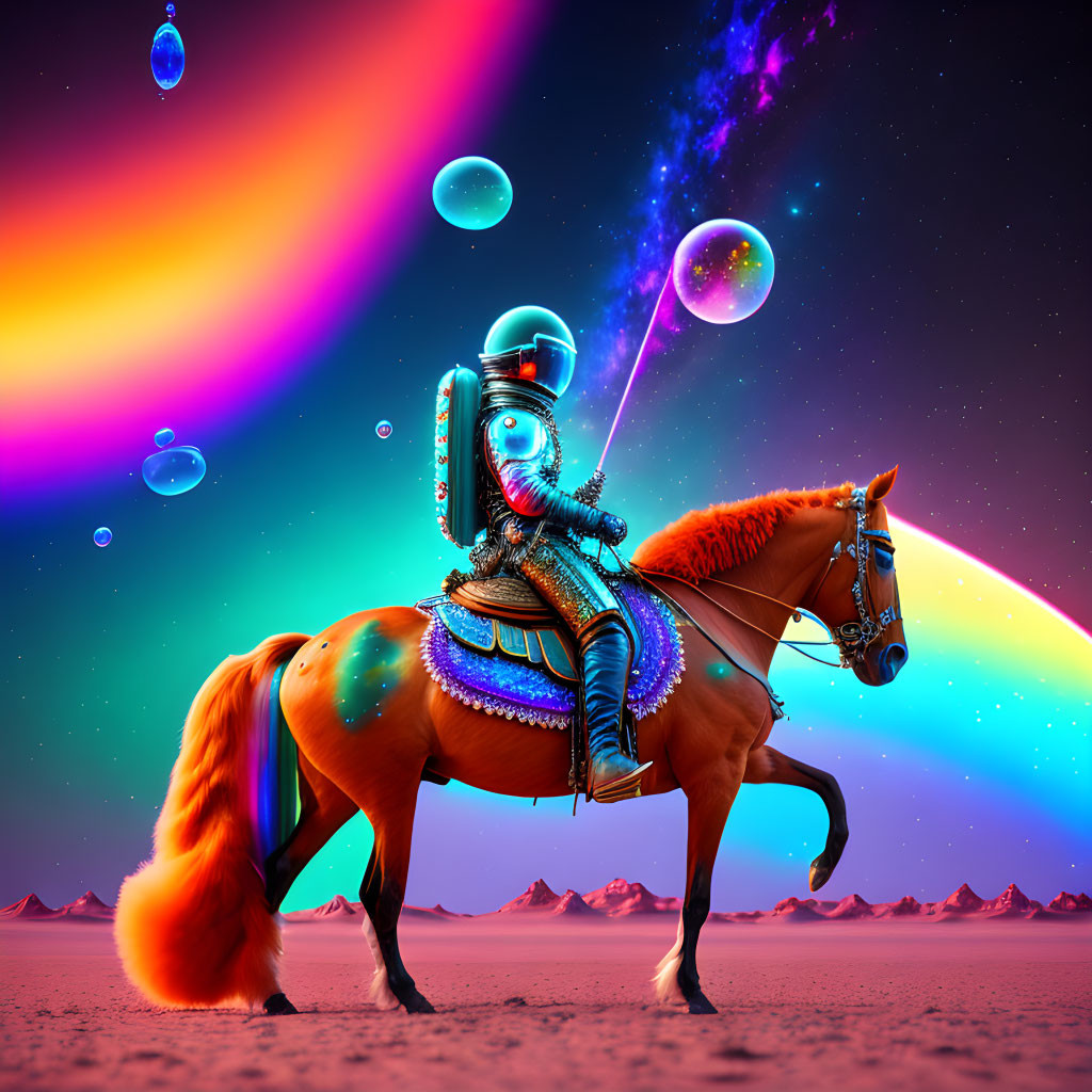 Futuristic knight on horse in surreal desert with colorful sky