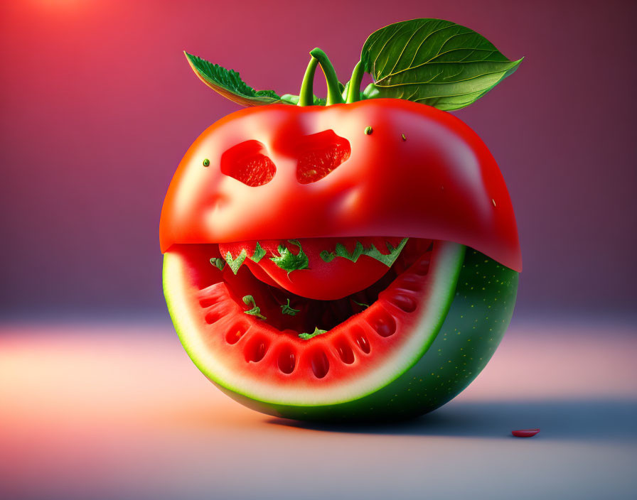 Hybrid apple-tomato image with red apple top and watermelon bottom