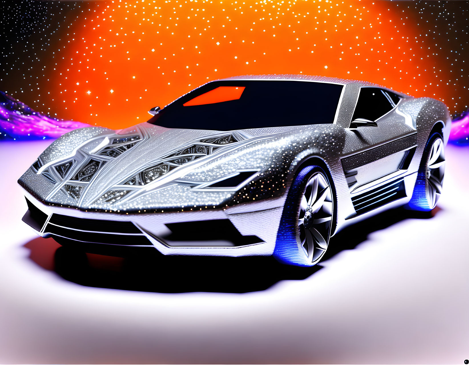 Futuristic Silver Sports Car with Glowing Lights on Cosmic Background