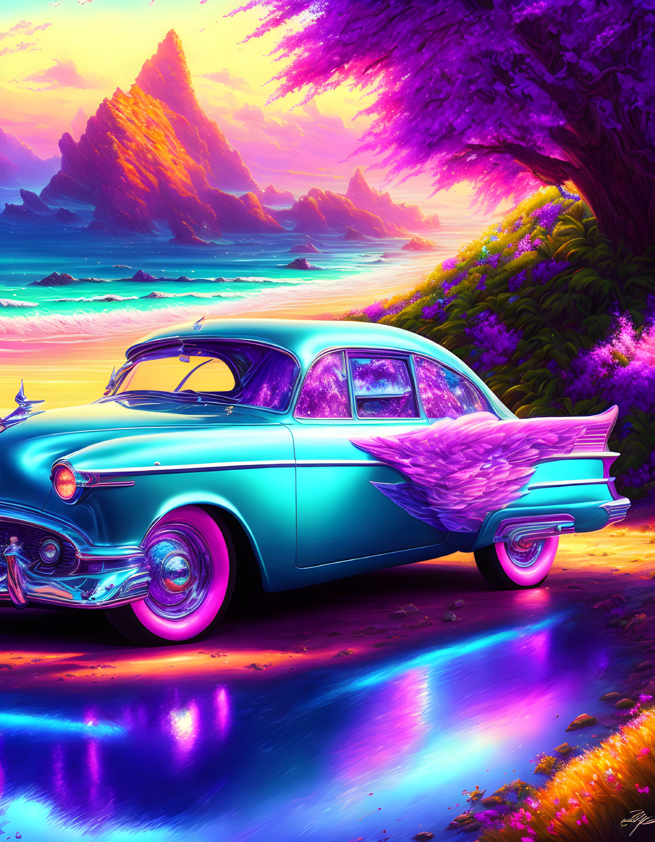 Colorful retro-futuristic artwork of classic car on neon-lit beachscape