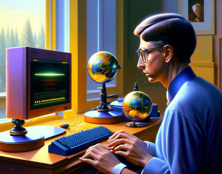 Illustration of man with glasses using vintage computer in room with globes and forest view